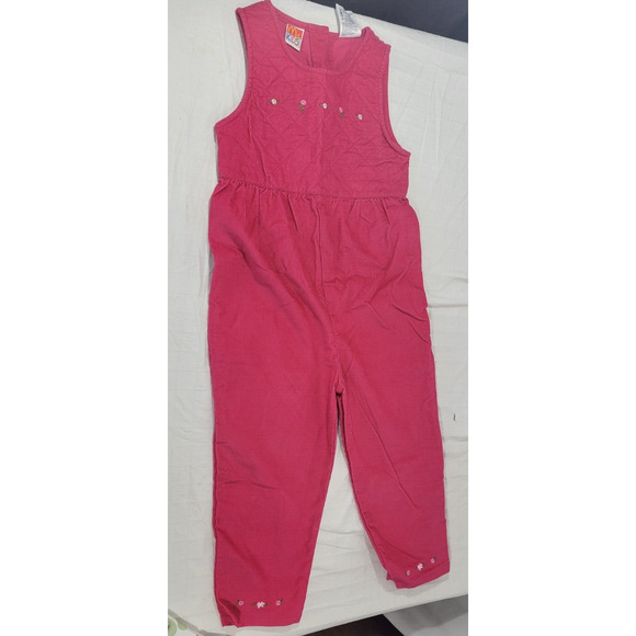 McKids 4T Girls Vintage 90s Dark Pink Corduroy Button Front Roses Bib Overalls - Picture 1 of 8